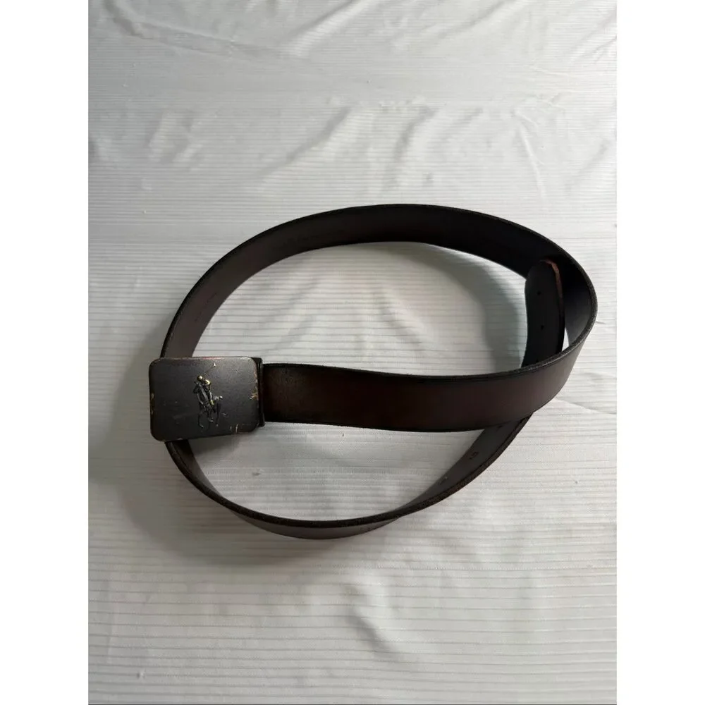 Polo Ralph Lauren Men's Vintage Dark Brown Pony Logo Plaque Leather Belt Size 38